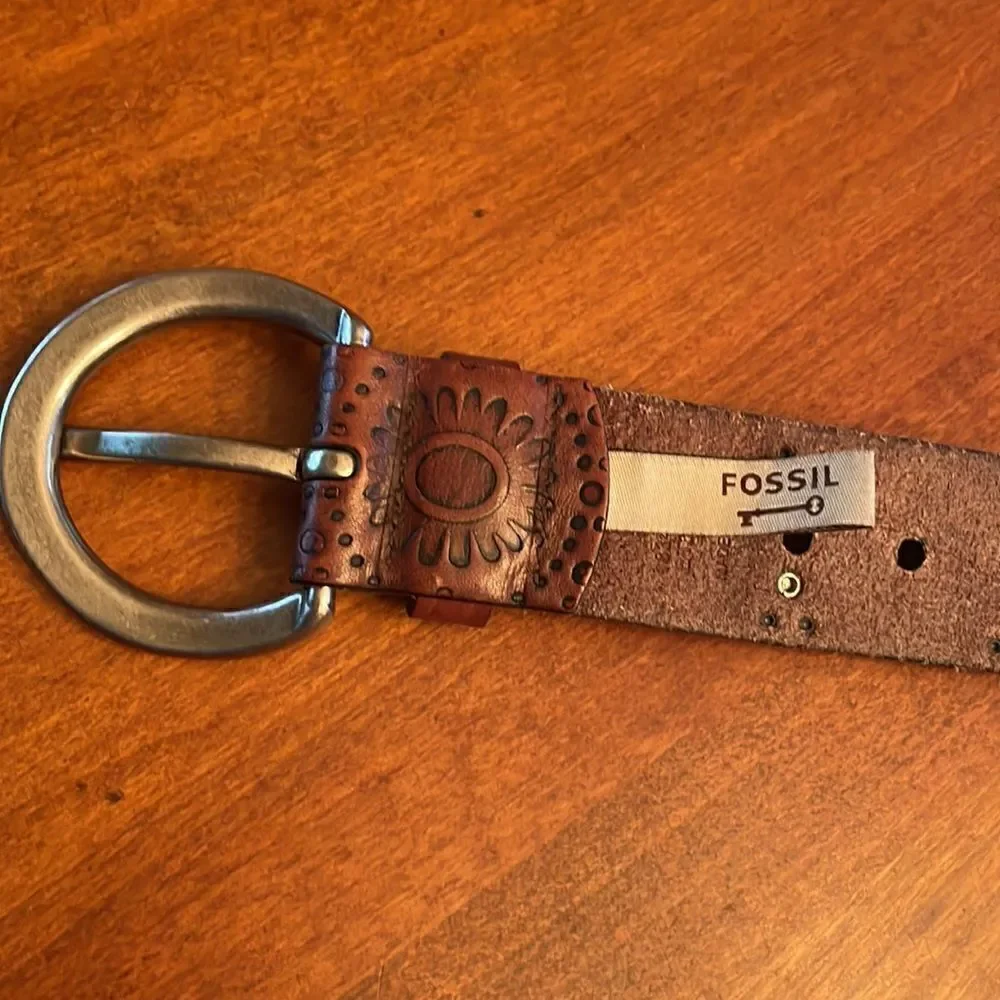 Fossil Embossed Leather Belt with Silver Studs & Buckle- Small